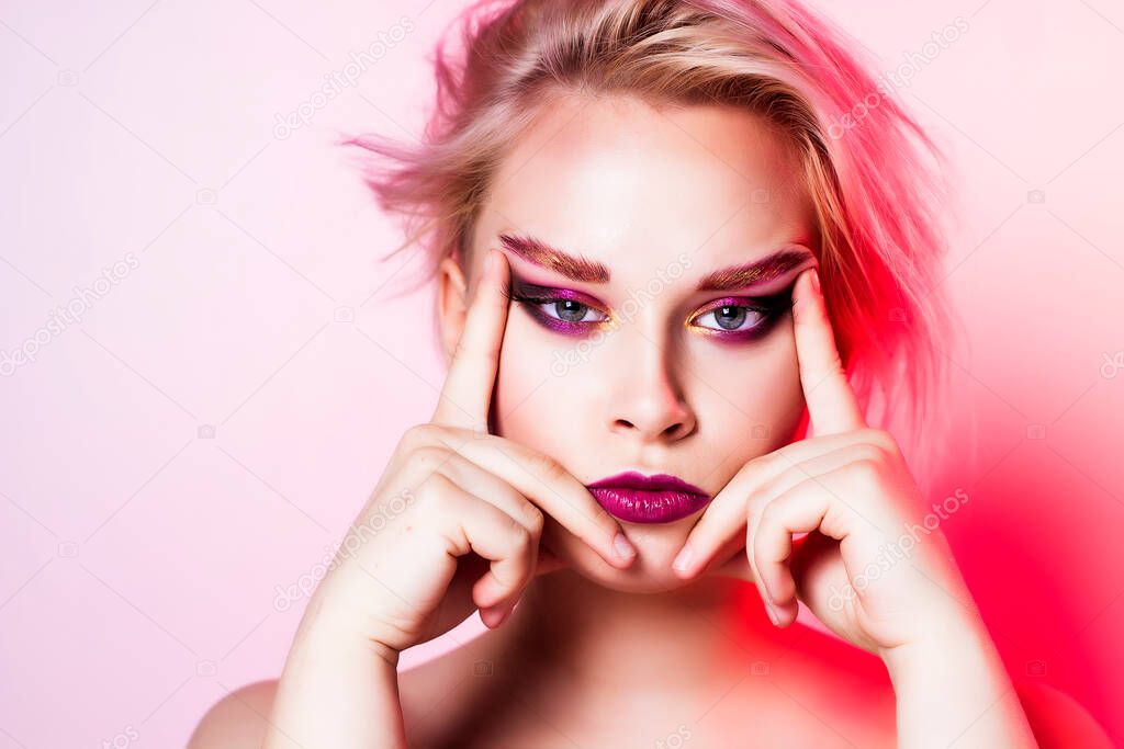 Russian blonde girl with bright makeup looks in the frame on at grey background.