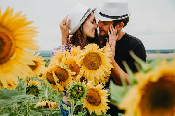 A man and a woman in love walk in a field with sunflowers, a man kisses a woman and hugs, a woman holds a bouquet of sunflowers in her hands.