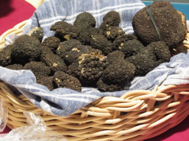 İtalyan pahalı siyah truffles hasır sepet içinde geleneksel tuval üzerine Grup