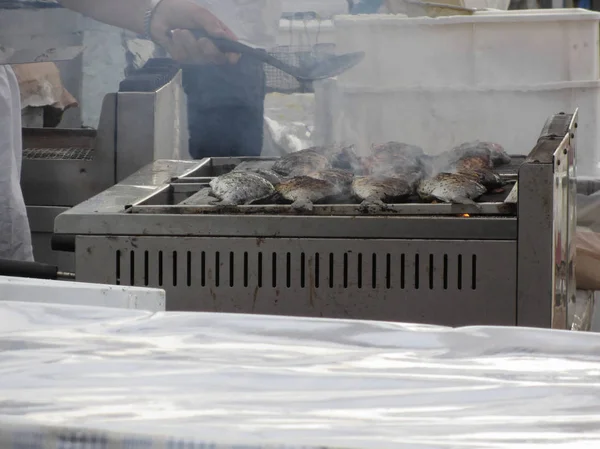 Faire griller les poissons à l'extérieur avec de la fumée sortant du gril — Photo