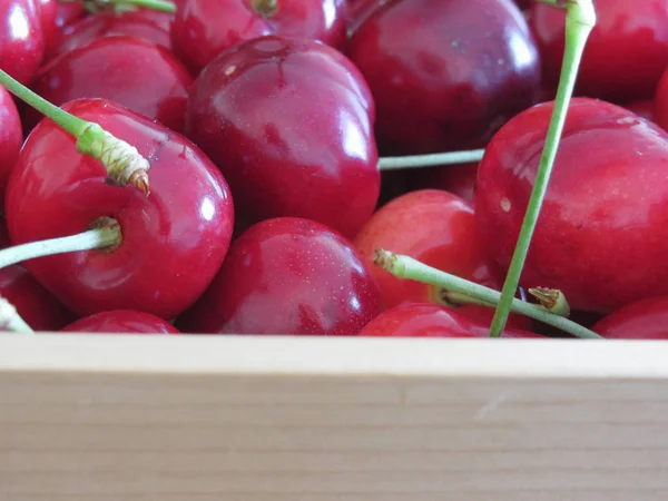Border of fresh cherries on wooden background with copy space — Stock Photo, Image