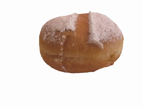 Single Krapfen (donut italiano) coberto com açúcar de confeiteiro sobre fundo branco — Fotografia de Stock