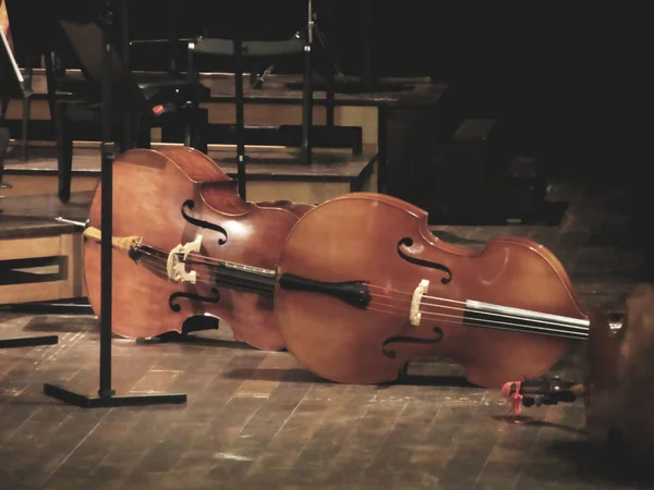 Cello muziekinstrumenten op het podium in concertzaal — Stockfoto