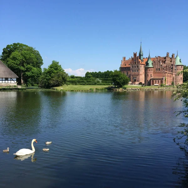 Odense yakınlarındaki Danimarka 'nın en ikonik kalesi Egeskov Kalesi' nin manzarası. İçinde kuğular olan küçük bir göl var.