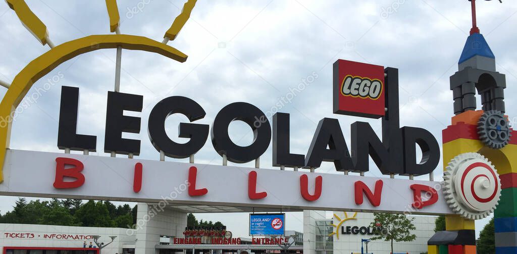 Billund, Denmark - 05 31 2016: View of the entrance sign of Legoland in Billund. The park is the original thematic park from Lego