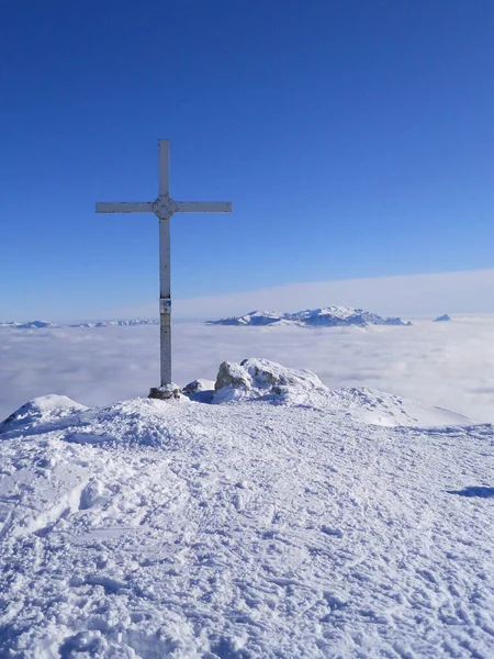 Das Kreuz Auf Dem Gipfel Des Monte Stivo Den Alpen — Stockfoto