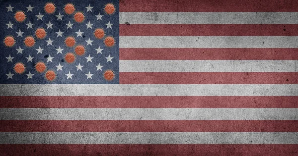 Amerika Birleşik Devletleri bayrağı, Coronavirus 'un temsili ile birleşerek ABD' deki covid-19 krizini temsil eden 50 yıldızdan bazılarıyla birleşti.