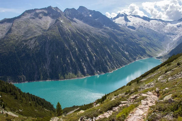 Vista Lago Artificial Scheigeisspeicher Final Zillertal Dos Vales Alpinos Mais — Fotografia de Stock