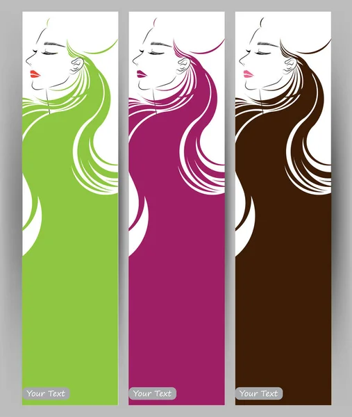 Bannières Avec Élégant Belle Femme Aux Cheveux Longs Modèle Conception — Image vectorielle