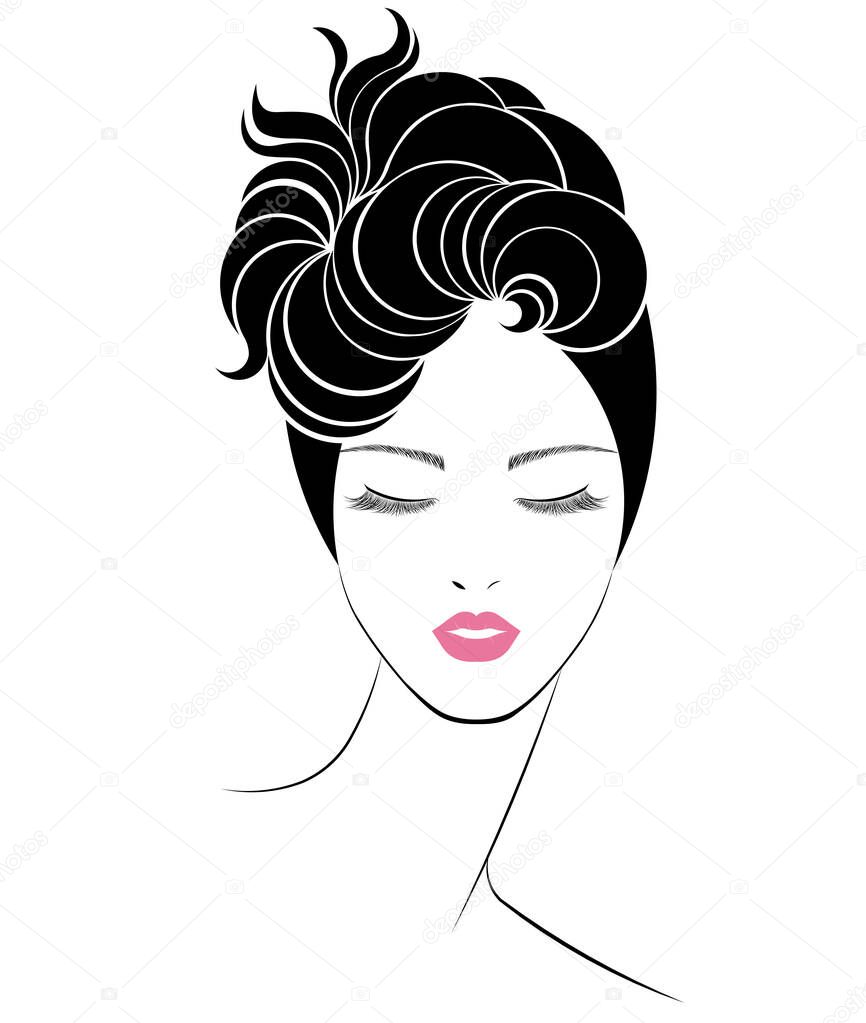 Long hair style icon, logo women face on white background, vector