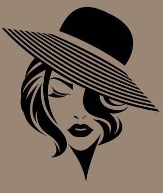 Kısa saçlı, şapkalı kadınlar, kahverengi arka planda logo kadınları.