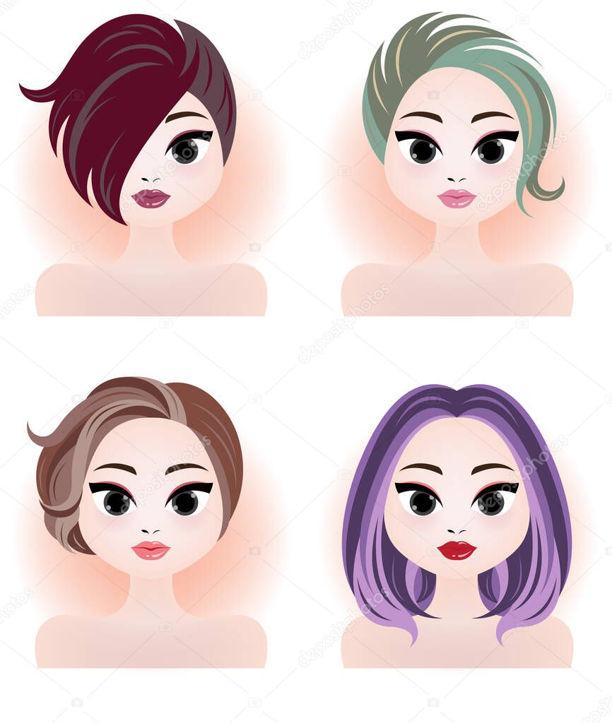 various young women long & short hair style icon, logo women face.