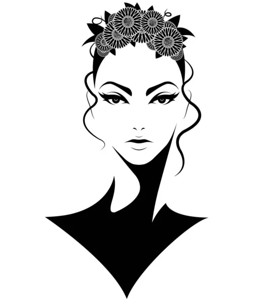 女性のショートヘアスタイルのアイコン白い背景に花を持つロゴの女性 — ストックベクタ