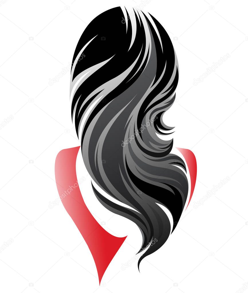 women long hair style, women back and red dress on white background