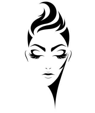 Kadınlar kısa saç stili ikonu, logo kadınları beyaz arka planda