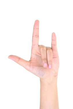 Sol el izole edilmiş üç parmağı gösteren kadın..