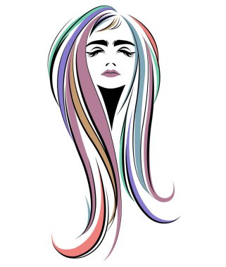 Kadınlar uzun saç stili ikonu, logo kadınları beyaz arka planda