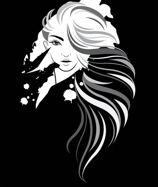 Женщины Длинные Волосы Стиль Икона Логотип Женщины Черном Фоне — стоковый вектор