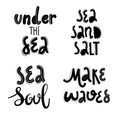 Denizin altında. Deniz ruhu. Deniz, kum, tuz. Dalgalar. Tebrik kartları, baskılar ve posterler için yazlık el çizimi vektör harfleri. Slogan, ilham verici, motivasyon alıntısı. Beyazda izole edilmiş.