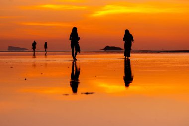 Tayland 'daki Hin Kong Sahili Phangan Adası' ndaki sahil şeridi boyunca deniz ve günbatımını görmek isteyen insanların silueti. Şubat 05 2019