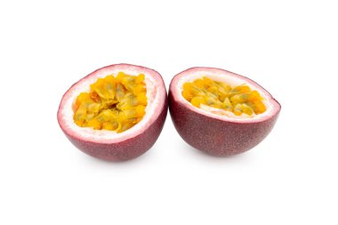 Passion fruit isolated. Two halves of maracuya passionfruit isolated on white background. With clipping paths. clipart