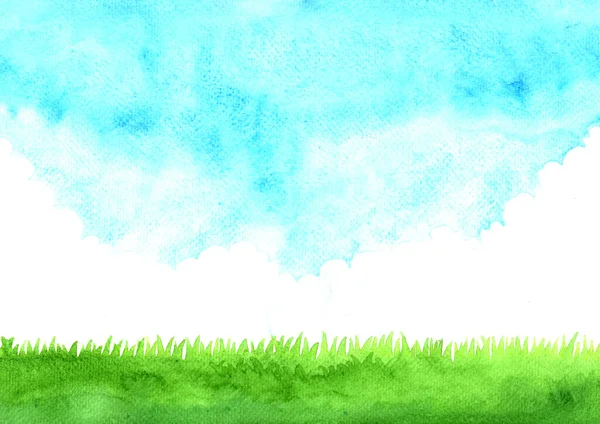 Green Grass Meadow Cloud Sky Watercolor Hand Painting Background — Stock Photo, Image