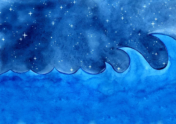 Ocean Våg Och Natthimmel Bland Stjärnan Akvarell Handmålning Bakgrund — Stockfoto