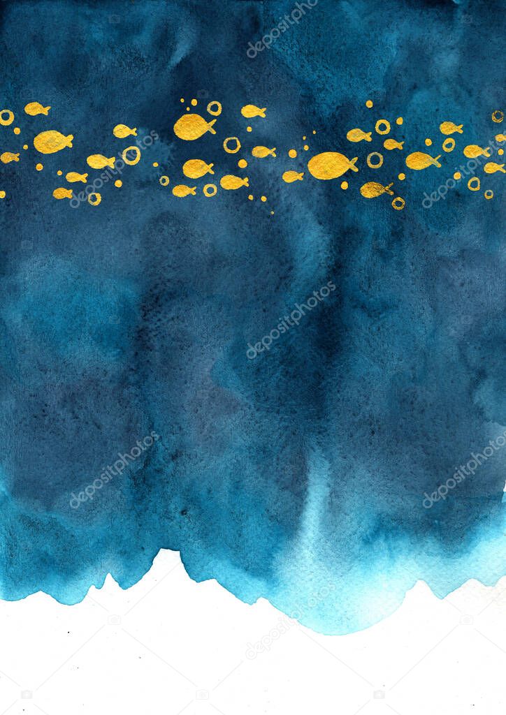 Gold color shool of fish swimming on navy blue watercolor background for decoration on summer night party.