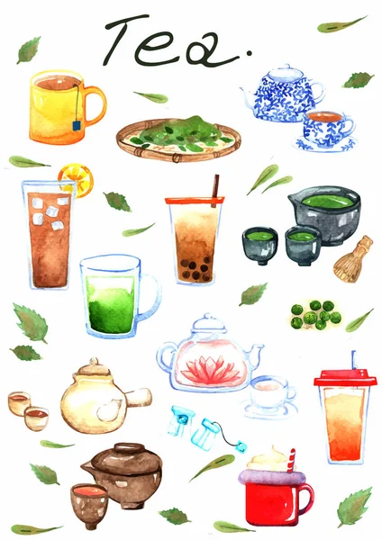 茶図水彩手描きセット — ストック写真