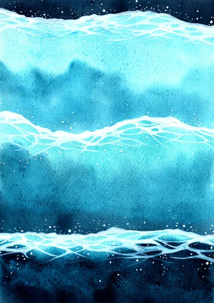 夏休みの装飾のためのトップビューの手描きの背景に海の波の水彩 — ストック写真