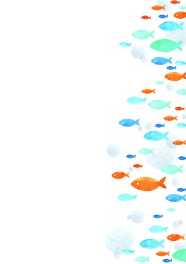 Yaz etkinliklerinde dekorasyon için kopyalama alanı olan balık watarcolor el boyası okulu sınırı.