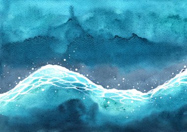 Okyanus dalgası suluboya el boyası yaz tatilinde dekorasyon için arka plan boyası.