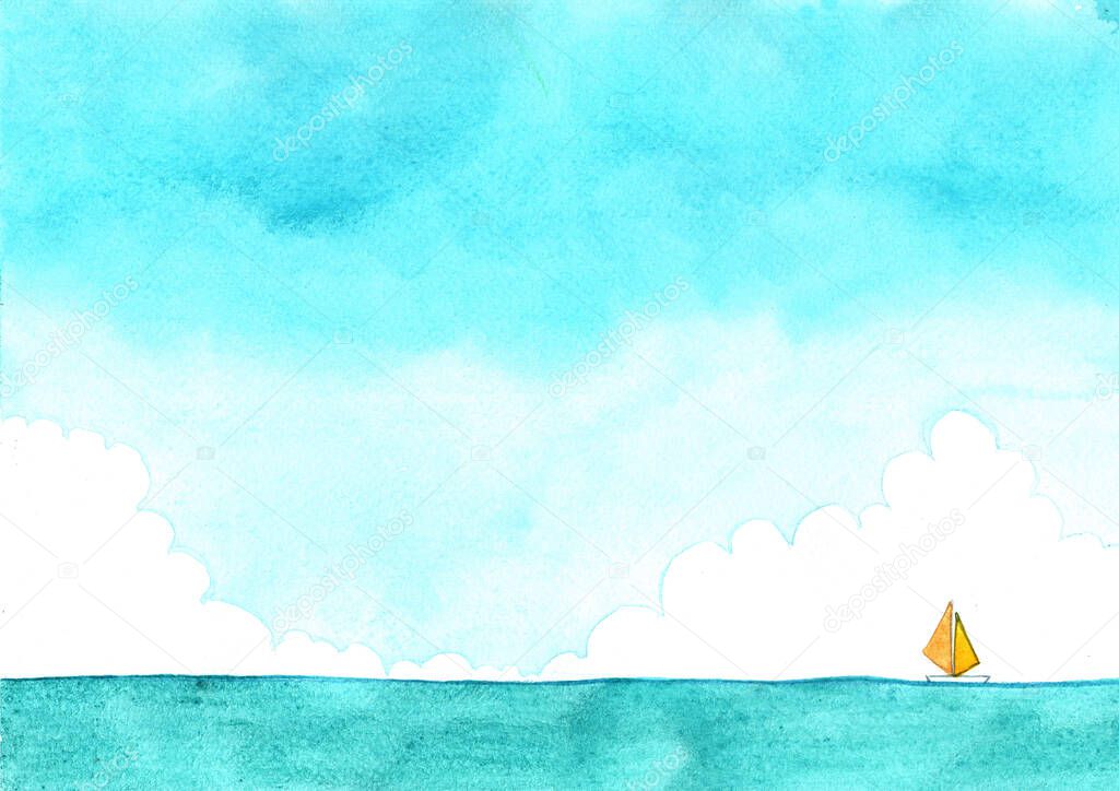 Sailling boat on the sea and blue sky watercolor hand painting background for decoration on summer holiday events.