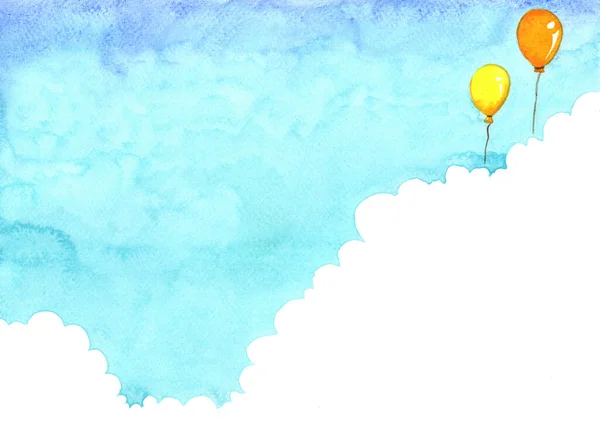 Σύννεφο Μπλε Φόντο Ουρανό Και Μπαλόνι Ακουαρέλα Χέρι Ζωγραφική — Φωτογραφία Αρχείου