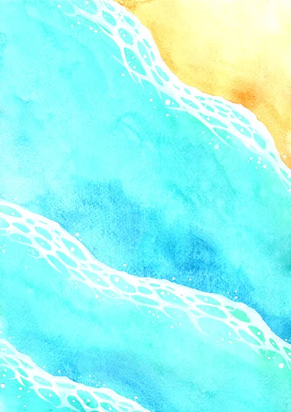 Deniz Dalgaları Kıyı Sahili Suluboya Boyası Manzaralı Yaz Mevsiminde Dekorasyon — Stok fotoğraf