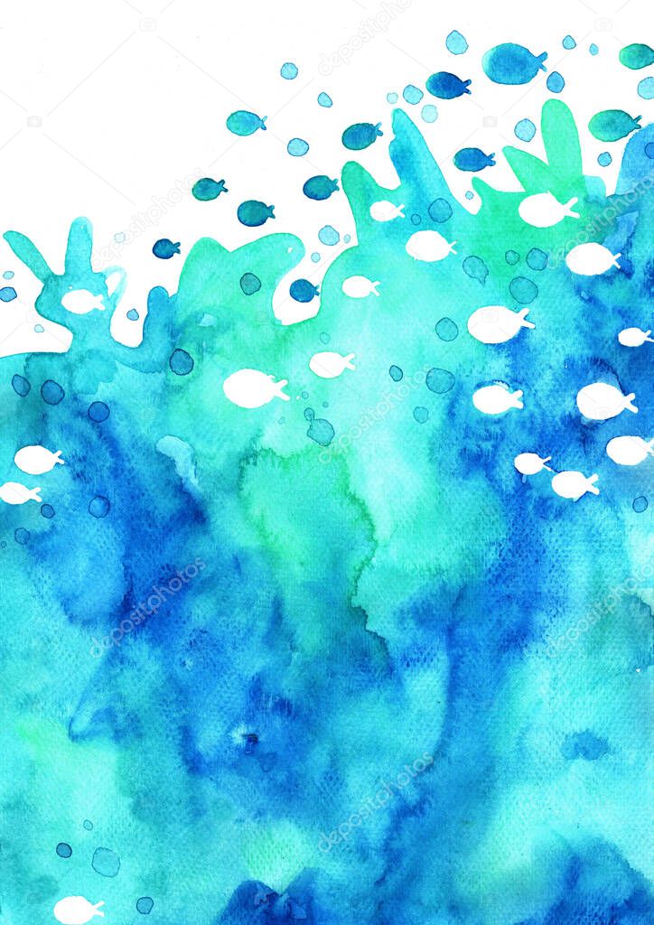 Splash ocean water with school of fish watercolor hand painting for decoration on summer events.