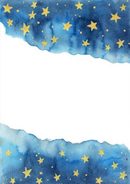 Gece gökyüzü ve altın yıldızlı suluboya el boyası kış mevsiminde dekorasyon ve Noel tatili için.