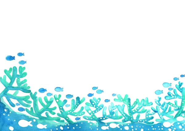 Leid Koraalrif Met School Van Vissen Onder Zee Aquarel Hand — Stockfoto