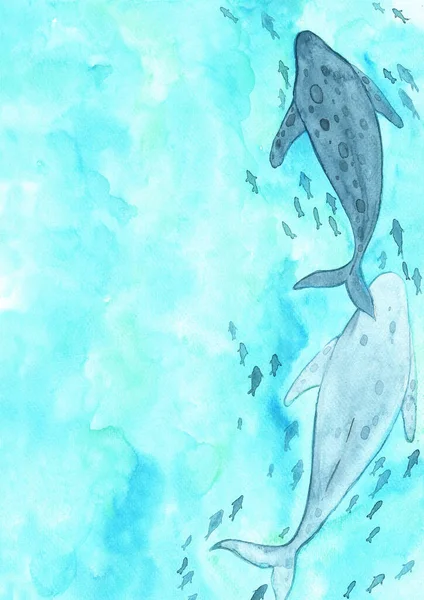 Schule Der Fische Schwimmen Meer Aquarell Hand Malerei Hintergrund Für — Stockfoto