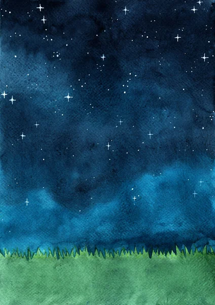 Gece gökyüzü suluboya el boyası arkaplanı olan çimen çayırı.