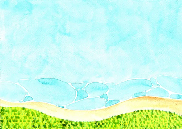 Zelená Tráva Louka Vedle Pláže Akvarel Ruční Malování Pozadí — Stock fotografie