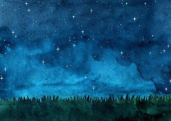 Pradera Hierba Con Cielo Nocturno Acuarela Mano Pintura Fondo — Foto de Stock