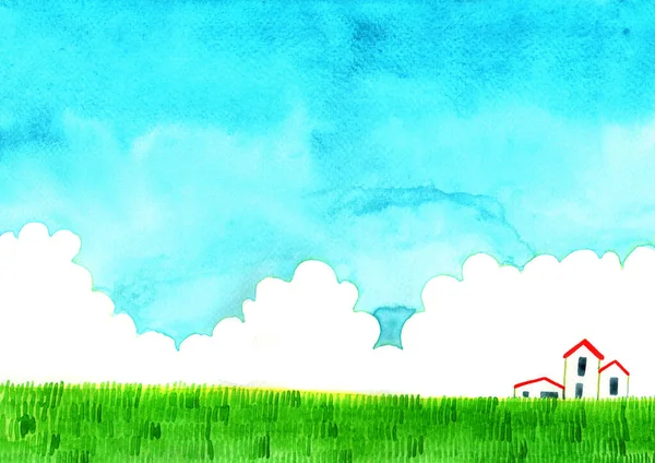 House Green Grass Meadow Cloud Sky Watercolor Hand Painting Background — Stock Photo, Image