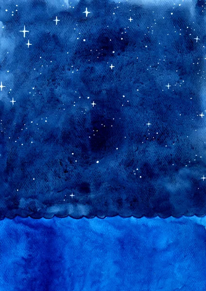 Ocean Fala Nocne Niebo Wśród Gwiazdy Akwarela Ręka Malarstwo Tło — Zdjęcie stockowe