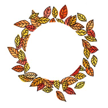 Soyut sonbahar yaprakları daire çerçevesi suluboya el boyası arkaplan.