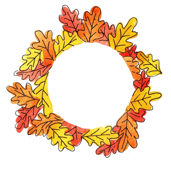 Abstrakte Herbst Blätter Kreis Rahmen Aquarell Handmalerei Hintergrund — Stockfoto