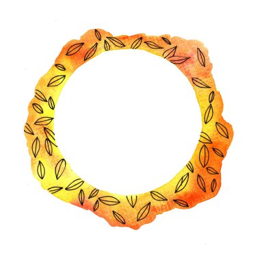 Soyut sonbahar yaprakları daire çerçevesi suluboya el boyası arkaplan.