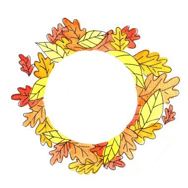 Soyut sonbahar yaprakları daire çerçevesi suluboya el boyası arkaplan.