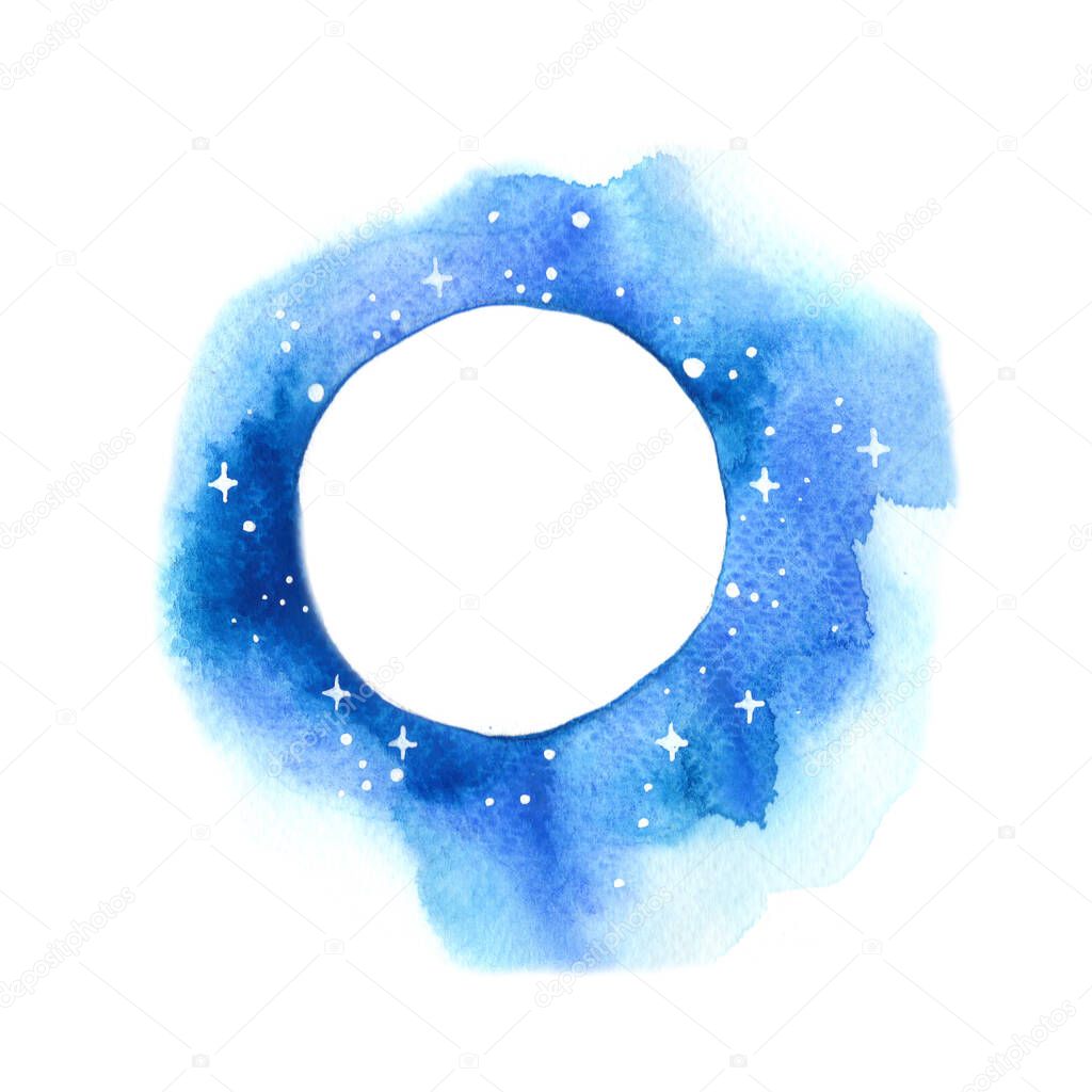 Night sky with glitter star circle shape frame watercolor background.