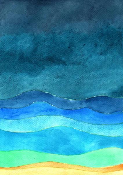 Ocean Wave Sand Beach Night Sky Background Watercolor Hand Painting — Stock Photo, Image